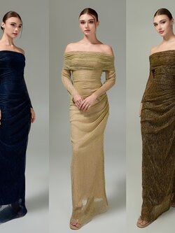 แม็กซี่เดรสเสื้อแขนยาวเปิดไหล่ กระโปรงยาว