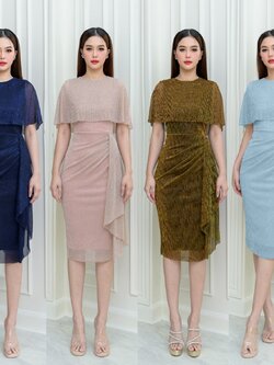 เดรสแฟชั่น เดรสเสื้อคอกลมแขนกุด ดีเทลเป็นเสื้อคลุมไหล่ในตัว