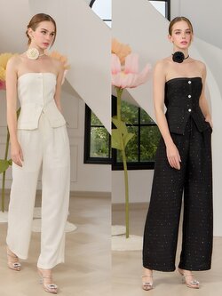 ชุดเซทแฟชั่น เซ็ตเสื้อเกาะอกทรงหลวม+กางเกงเอวสูงขากระบอกกว้าง