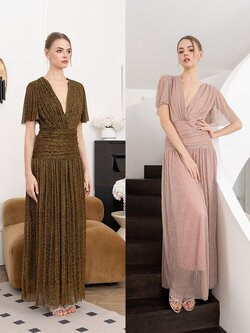 เดรสแฟชั่น แม็กซี่เดรสเสื้อคอวีป้าย แขนระบาย กระโปรงจับเดรปเข้ารูปตรงสะโพก