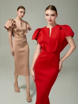 เดรสแฟชั่น เดรสเสื้อคอกลมผ่าหน้า แขนระบาย กระโปรงทรงสอบ