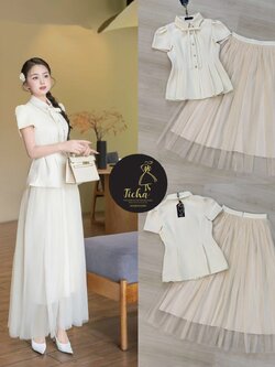 ชุดเซทแฟชั่น Set.3 ชิ้นเสื้อ+ กระโปรง+เข็มกลัด เสื้อแขนสั้นคอปกสีครีม ดีเทลแต่งกระดุมเพชรด้านหน้า