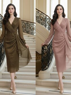 เดรสแฟชั่น เดรสเสื้อคอวีป้ายแขนยาว กระโปรงทรงสอบจับเดรปข้างลำตัว