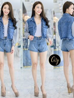 เสื้อแฟชั่น เสื้อครอปยีนส์ฟอกต่อแขนผ้ายืดสีเทาแขนยาวจั๊มปลายแขน กระเป๋าหน้าอก 2 ข้าง