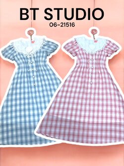 เดรสแฟชั่น เดรสยาวลายสก็อตแขนตุ๊กตา คอปกปักลายลูกไม้งานสวยมาก