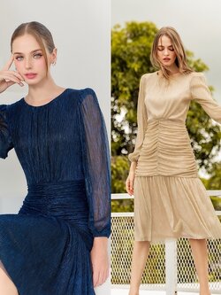 เดรสแฟชั่น เดรสเสื้อคอกลมแขนยาว กระโปรงทรงเข้ารูปจับเดรปตรงกลาง ต่อชายระบาย