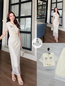 ชุดเซทแฟชั่น Set เสื้อคอปกแต่งคอด้วยดอกไม้ถักน่ารักๆ ผูกโบว์ลูกตุ้มดอกไม้ มาพร้อมกับกระโปรงยาวเอวสูง