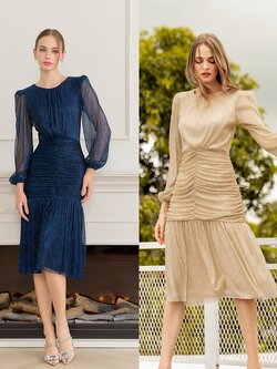 เดรสแฟชั่น เดรสเสื้อคอกลมแขนยาว กระโปรงทรงเข้ารูปจับเดรปตรงกลาง ต่อชายระบาย