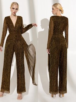 จั๊มสูทแฟชั่น จั๊มพ์สูทเสื้อคอวีป้ายแขนยาว กางเกงขากระบอกตรง