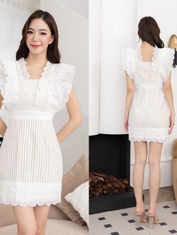 เดรสแฟชั่น เดรสผ้าลูกไม้คอตตอนโครเชต์ เสื้อแขนกุดแต่งระบาย กระโปรงสั้นทรงเอ