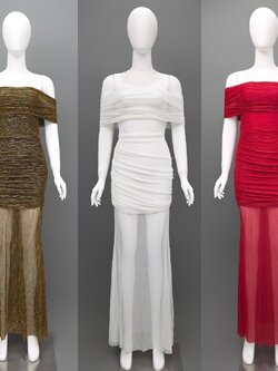 เดรสแฟชั่น แม็กซี่เดรสเปิดไหล่ กระโปรงยาว