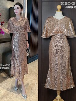 เดรสแฟชั่น เดรสออกงานปักเลื่อม ใช้ผ้าเนื้อดีปักเลื่อมเนื้อผ้ายืดขยาดได้ ปักแน่นมีน้ำหนัก