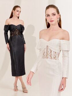 เดรสแฟชั่น เดรสเสื้อเปิดไหล่แขนยาว กระโปรงทรงสอบ