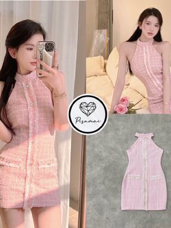 เดรสคล้องคอผ้าทวิสสีชมพูตัวสั้น ดีเท็ลรุ่นนี้ใส่สวย