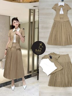 ชุดเซทแฟชั่น Set 3 สุดคุ้ม เสื้อเบเซอร์แขนสั้นสีครีม ดีไซน์แต่งเว้าหน้า