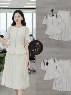 ชุดเซทแฟชั่น Set 2ชิ้น เสื้อ+กระโปรงยาว เสื้อแขนสั้นสีครีมคอกลมแต่งกุ้นสีน้ำตาลช่วงคอและตัวเสื้อ