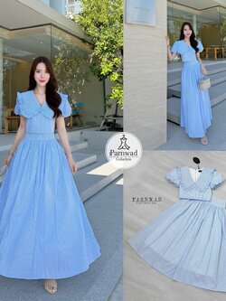 ชุดเซทแฟชั่น Set เสื้อคอปกแขนตุ๊กตาซิปหลัง มาพร้อมกับกระโปรงเอวสูงจับจีบ