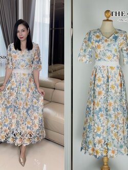 เดรสแฟชั่น เดรสยาวลายดอกไม้ ใช้ผ้าลูกไม้เนื้อหนาอย่างดี