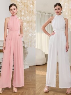 จั๊มสูทแฟชั่น จั๊มสูทเสื้อคอตั้งแขนกุด กางเกงทรงขากระบอกกว้าง