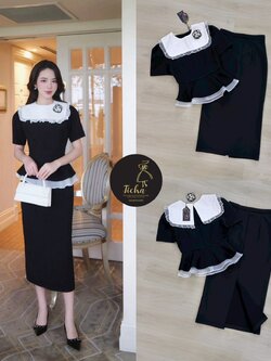 ชุดเซทแฟชั่น ชุด Set4ชิ้น เสื้อแขนสั้นสึดำ ดีเทลแต่งระบายผ้าแก้วสีขาวชายเสื้อ