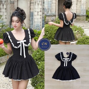 เดรสแฟชั่น มินิเดรสแขนตุ๊กตาสีดำลาย polka dot คอปกใหญ่