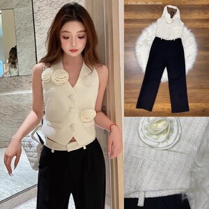 ชุดเซทแฟชั่น เสื้อคล้องคอกระดุมหน้า เนื้อผ้าทวีตเนื้อนุ่ม สีขาวครีม โทนสีสวยหรู