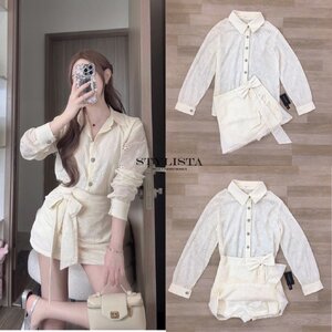 ชุดเซทแฟชั่น ชุดเซ็ต 2 ชิ้นทรงเชิ้ตแขนยาว + กระโปรงทรงไขว้ผูกโบว์สุดคิ้วท์