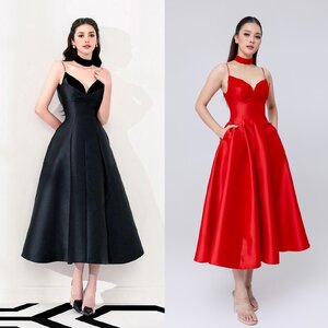 เดรสแฟชั่น เดรสเสื้อสายเดี่ยว ดีเทลหน้าอกโค้ง ซ้อน2เลเยอร์