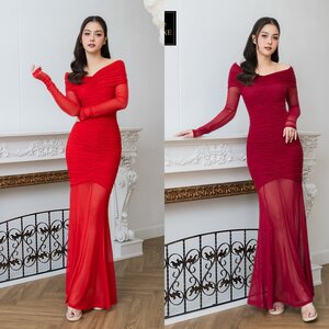 เดรสแฟชั่น แม็กซี่เดรส เสื้อแขนยาวเปิดไหล่ ดีเทลจับเดรป