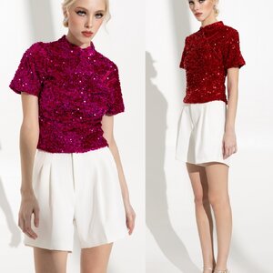 เสื้อแฟชั่น เสื้อกี่เพ้าแขนสั้น ผ้ากำมะหยี่ปักเลื่อมวิบวับ เนื้อนุ่มยืดหยุ่น มีซับในเต็มตัว