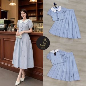 ชุดเซทแฟชั่น Set 2ชิ้น เสื้อครอป + กระโปรง เสื้อคอปกแขนตุ๊กตา กระดุมหน้า