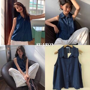 เสื้อแฟชั่น เสื้อแขนกุด ผ้ายีนส์ แพทเทิร์นน่ารักมาก แต่งกระดุมปั๊ม