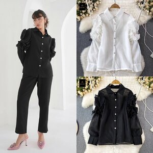 เสื้อแฟชั่น เสื้อเชิ้ตคอปกแขนยาว ดีเทลแต่งผ้าพลีทที่ต้นแขนพร้อมปักลูกปัดมุก