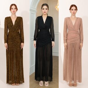 เดรสแฟชั่น แม็กซี่เดรสเสื้อคอวีป้าย แขนยาวเสริมไหล่ กระโปรงจับเดรปย่นเข้ารูปตรงสะโพก