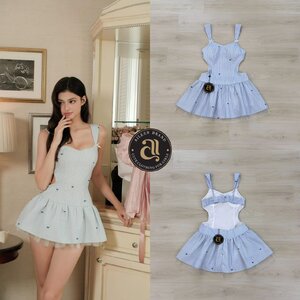 เดรสแฟชั่น มินิเดรสลายทางสีฟ้าพิมพ์ลายโบเล็กๆ ตัวสายติดริบบิ้นโบสีขาวเล็กๆ