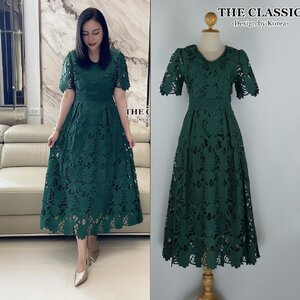 เดรสแฟชั่น เดรสยาวลูกไม้ คอวีแขนสั้น ใช้ผ้าลูกไม้เนื้อหนาอย่างดี ขึ้นลวดลายดอกไม้ ลายชัด