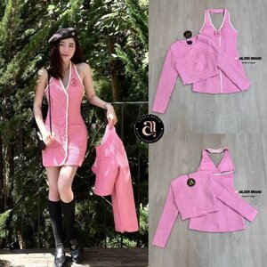 ชุดเซทแฟชั่น Set 2 ชิ้น มินิเดรสเนื้อผ้าทวิตคอวีแขนกุด กระโปรงทรงตรงพร้อมกับเสื้อคลุมแขนยาว