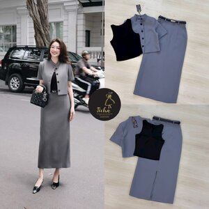 ชุดเซทแฟชั่น Set 4 ชิ้น เสื้อ+เสื้อครอป+กระโปรง+เข็มขัดเสื้อแขนสั้นสีเทา