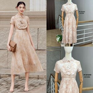 เดรสแฟชั่น เดรสยาวคลุมเข่าแขนสั้นคอปกตัดต่อกระโปรงอัดพรีท