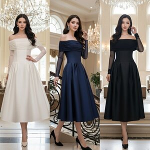 เดรสแฟชั่น เดรสเสื้อแขนยาวเปิดไหล่ กระโปรงยาวคลุมเข่า แขนเสื้อซีทรู