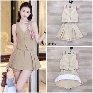 ชุดเซทแฟชั่น เซตเสื้อเบลเซอร์แขนกุด + กางเกงขาสั้นจีบหน้า