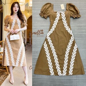 เดรสแฟชั่น เดรสผ้าลินินแต่งลูกไม้ที่ด้านหน้า ทำให้เวลาใส่ดูผอมสูงหุ่นดี