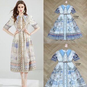 เดรสแฟชั่น เดรสยาวพิมพ์ลายแขนสั้น คอปก ดีเทลแต่งพิมพ์ลายตามแบบ