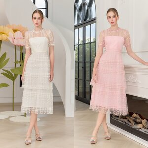 เดรสแฟชั่น เดรสเสื้อคอกลมแขนสั้น กระโปรงอัดพลีท3ชั้น