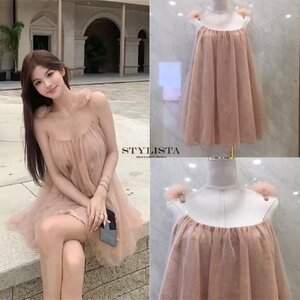 เดรสแฟชั่น เดรสสายเดี่ยวลูกไม้ชีฟองโทนชมพูอ่อนสไตล์เจ้าหญิงน้อย
