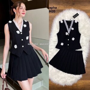 ชุดเซทแฟชั่น ชุดเซต สีดำสวยหรูคลาสสิค ดีเทลแต่งดอกไม้3D ประดับเพชร