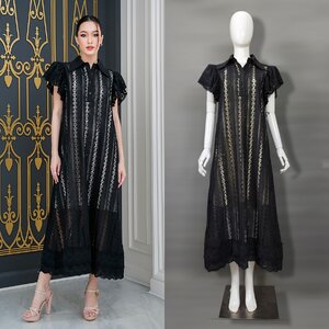 เดรสแฟชั่น เดรสเสื้อคอปกแขนระบาย กระโปรงทรงเอ แพทเทิร์นตัวหลวมใส่สบาย