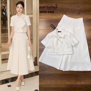 ชุดเซทแฟชั่น เสื้อแขนสั้น ดีเทลสุดเก๋ กระดุมหน้าสีทอง กระโปรงทรงเอ A-Line ดีไซน์สวยเก๋