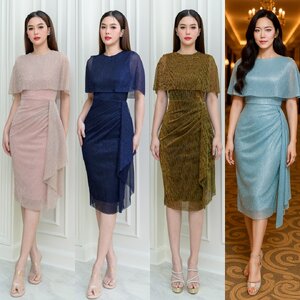 เดรสแฟชั่น เดรสเสื้อคอกลมแขนกุด ดีเทลเป็นเสื้อคลุมไหล่ในตัว