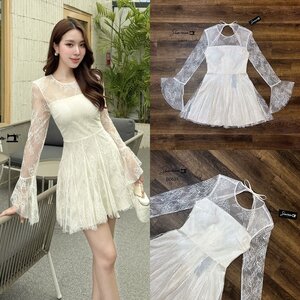 เดรสแฟชั่น เดรสผ้าลูกไม้ทอลายในตัวทรงบัลเล่แขนยาว ดีไซน์สวย